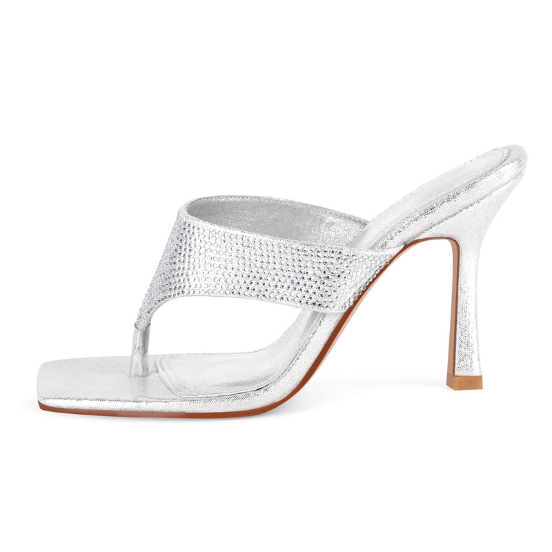 Square Toe Rhinestone Flip Flops Sandals