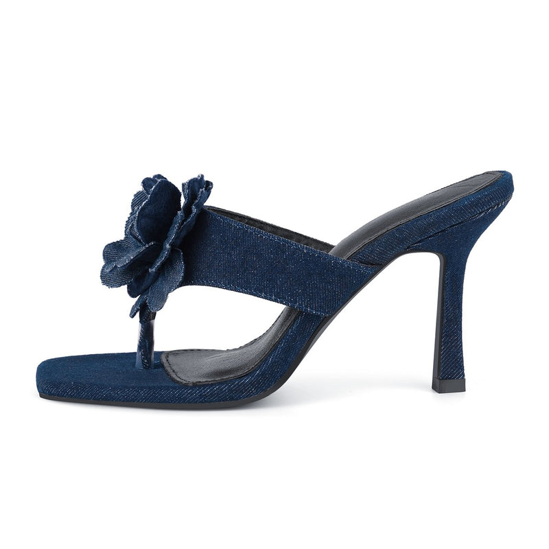 Square Toe Flower Denim Flip Flops Sandals