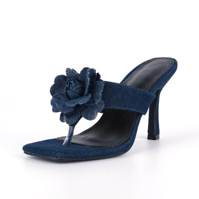 Square Toe Flower Denim Flip Flops Sandals