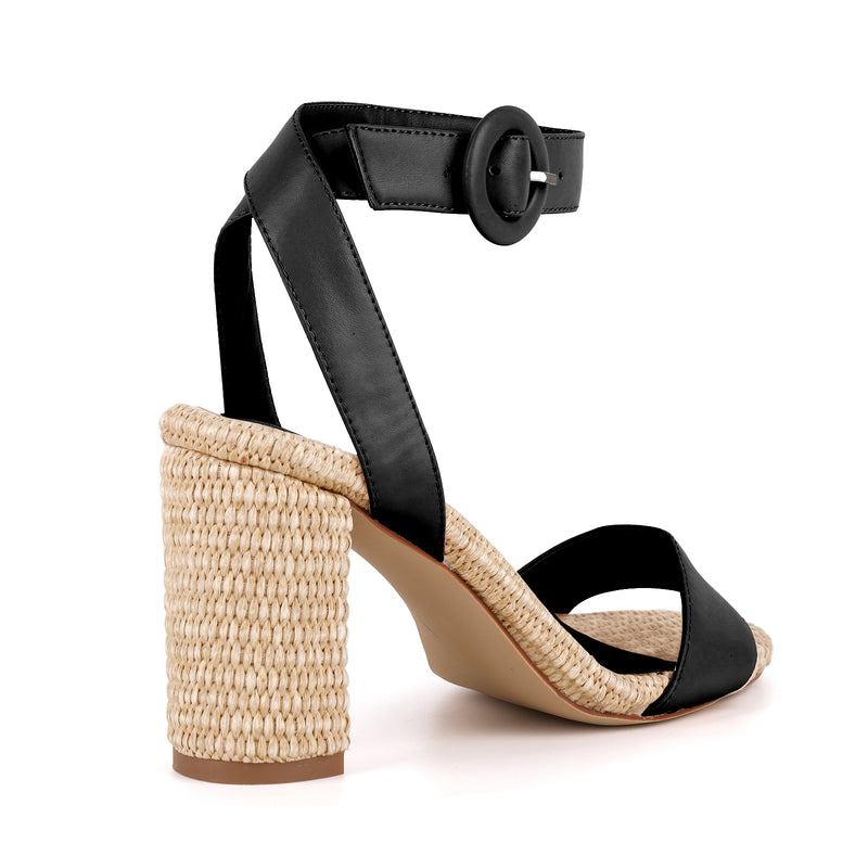 Straw Ankle Strap Chunky Heel Sandals