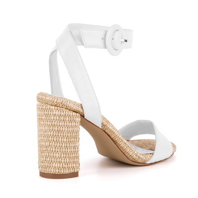 Straw Ankle Strap Chunky Heel Sandals