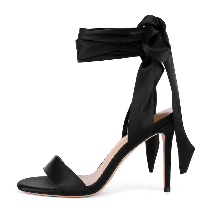 Round Toe Satin Lace-up Stiletto Sandals
