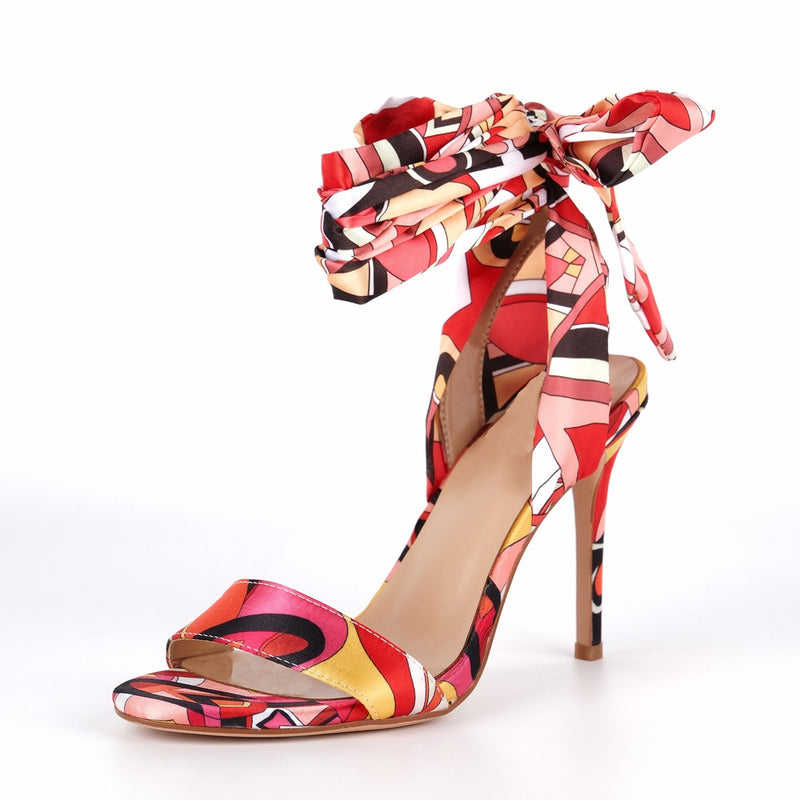Round Toe Satin Lace-up Stiletto Sandals