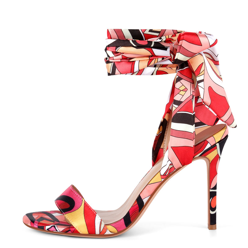 Round Toe Satin Lace-up Stiletto Sandals