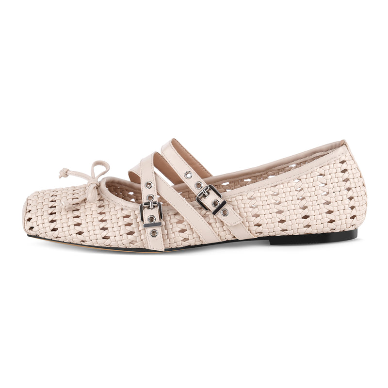 Bow Hollow Woven Buckle Strap Ballet Flats