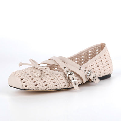 Bow Hollow Woven Buckle Strap Ballet Flats
