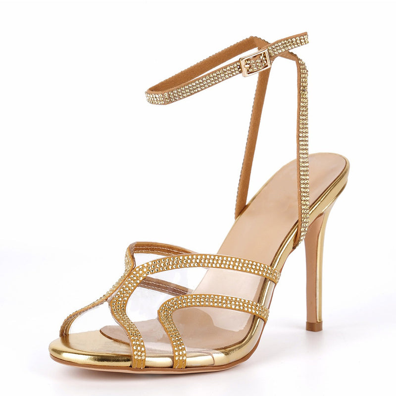 Clear Rhinestone Ankle Strap Stiletto Sandals