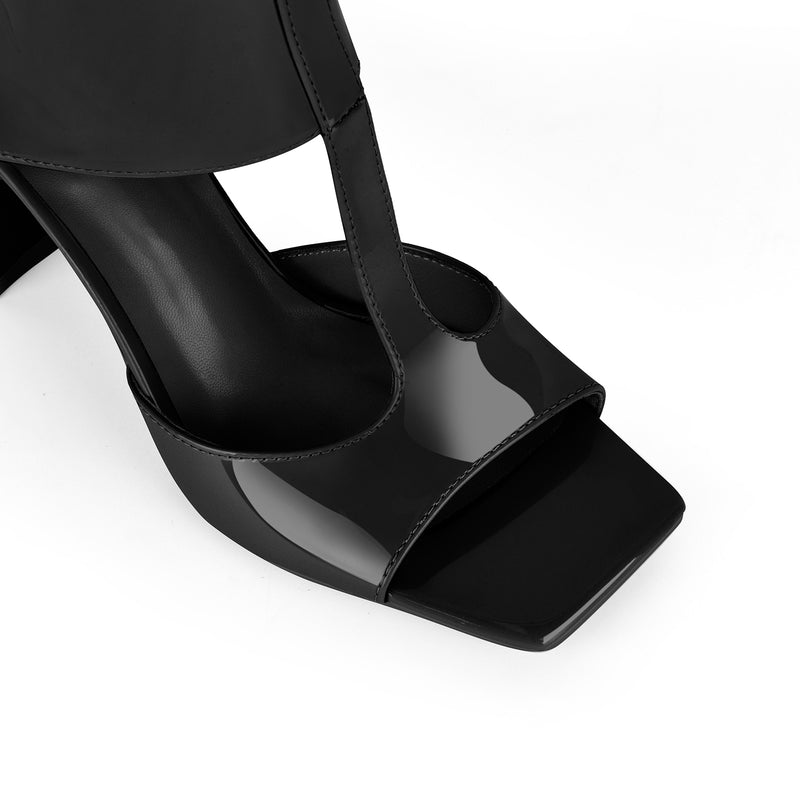 Square Toe Patent Leather Chunky Heel Bootie Sandals
