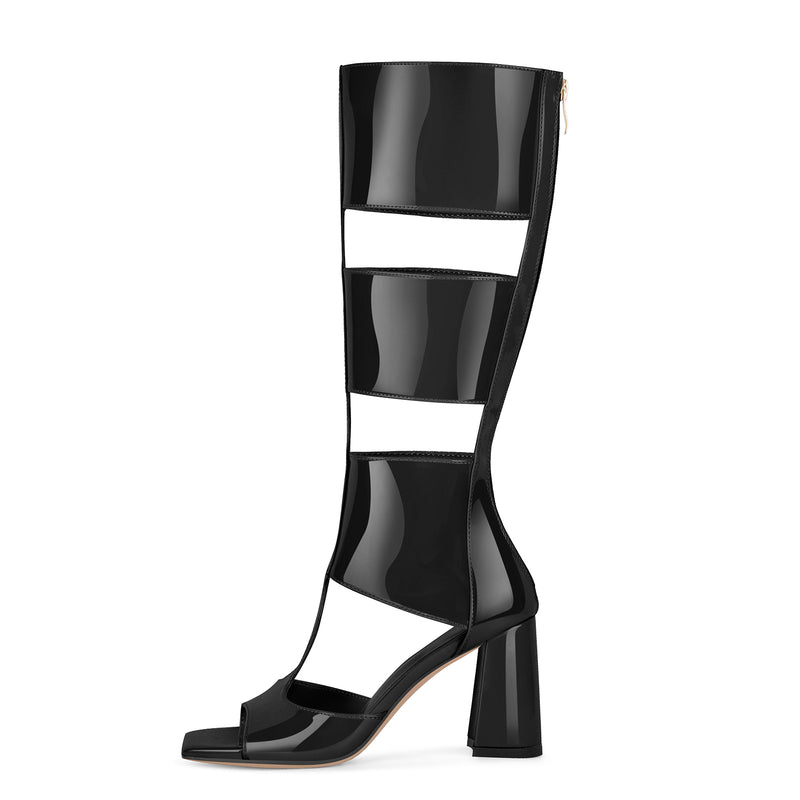 Square Toe Patent Leather Chunky Heel Bootie Sandals