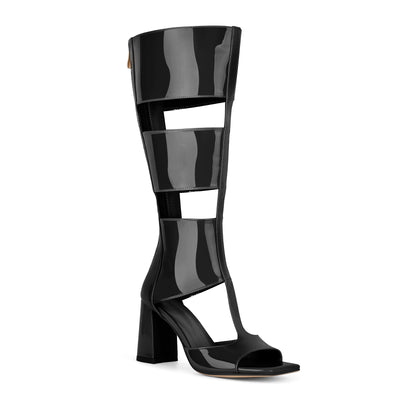 Square Toe Patent Leather Chunky Heel Bootie Sandals