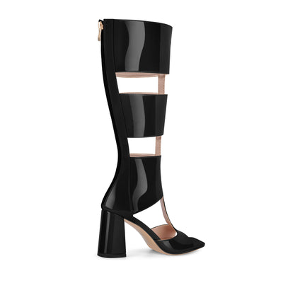Square Toe Patent Leather Chunky Heel Bootie Sandals