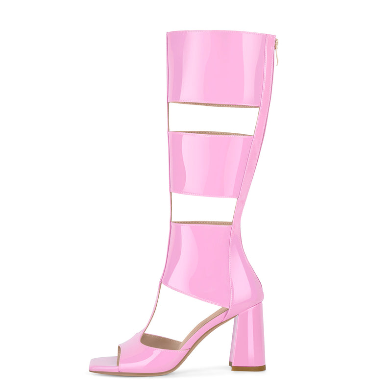 Square Toe Patent Leather Chunky Heel Bootie Sandals