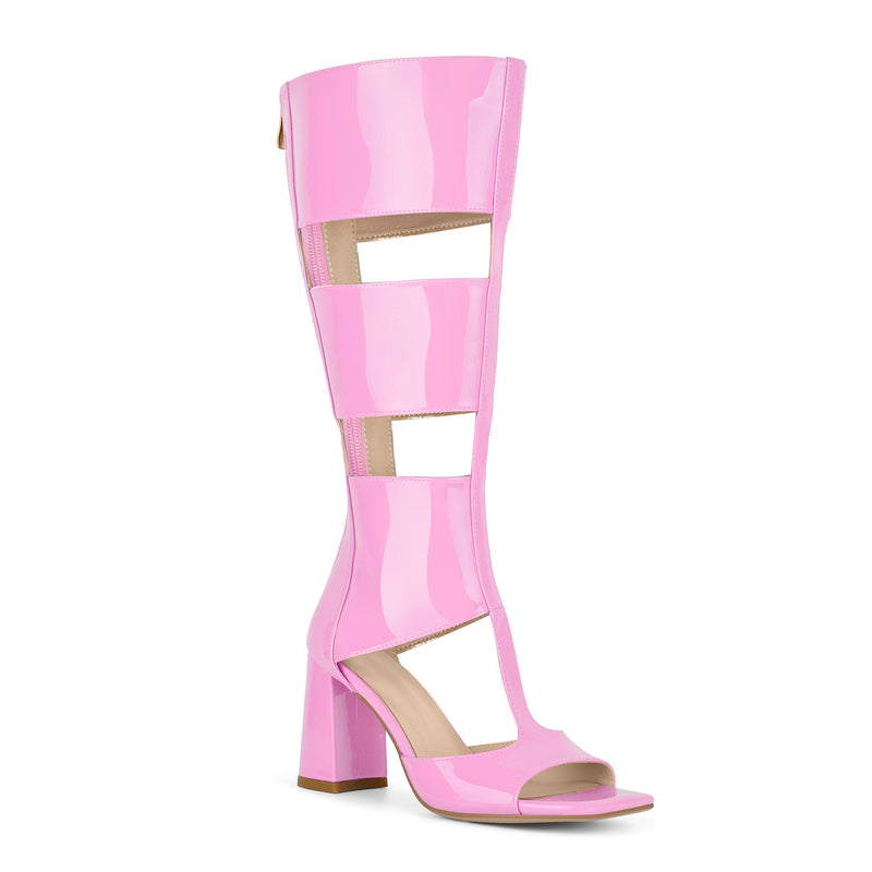 Square Toe Patent Leather Chunky Heel Bootie Sandals