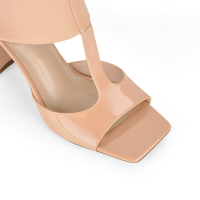 Square Toe Patent Leather Chunky Heel Bootie Sandals