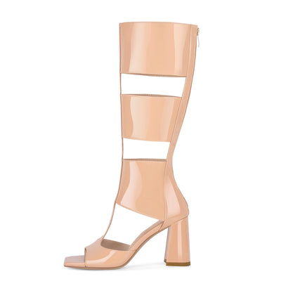 Square Toe Patent Leather Chunky Heel Bootie Sandals