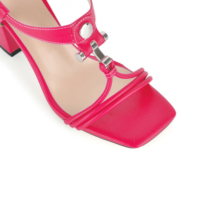 Square Toe Buckle T-Strap Chunky Heel Sandals