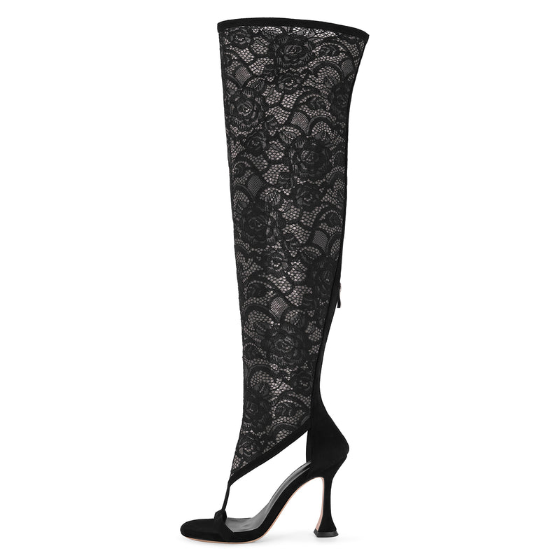 Round Toe Lace Mesh Thigh High Bootie Sandals