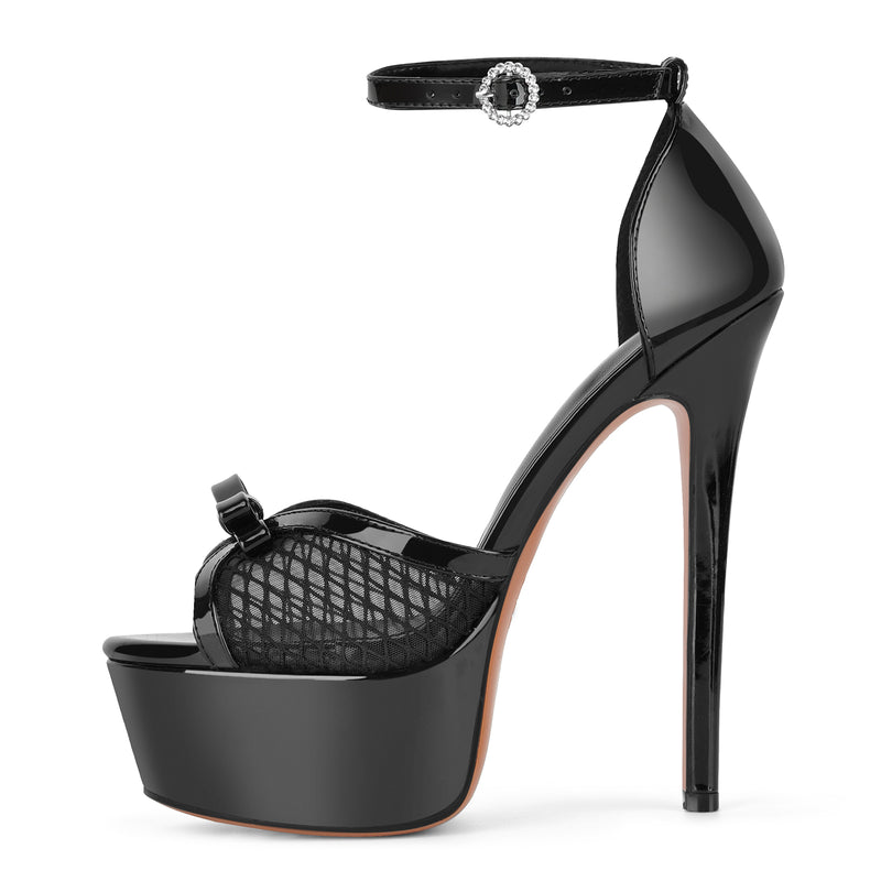 Mesh Platform Bow Ankle Strap Sandals