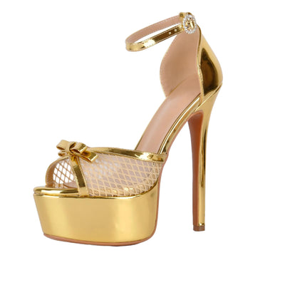 Mesh Platform Bow Ankle Strap Sandals