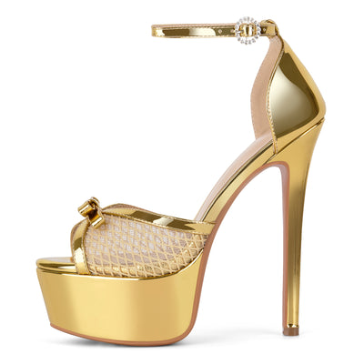 Mesh Platform Bow Ankle Strap Sandals