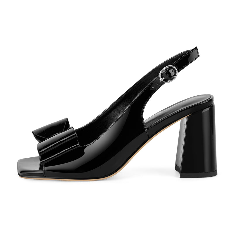 Open Toe Bow Slingback Chunky Heel Pumps