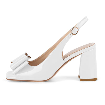 Open Toe Bow Slingback Chunky Heel Pumps