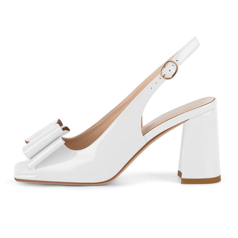 Open Toe Bow Slingback Chunky Heel Pumps