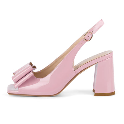 Open Toe Bow Slingback Chunky Heel Pumps