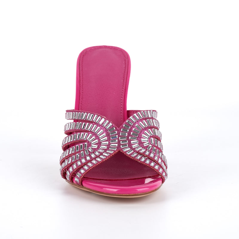 Round Toe Rhinestone Stiletto Mules