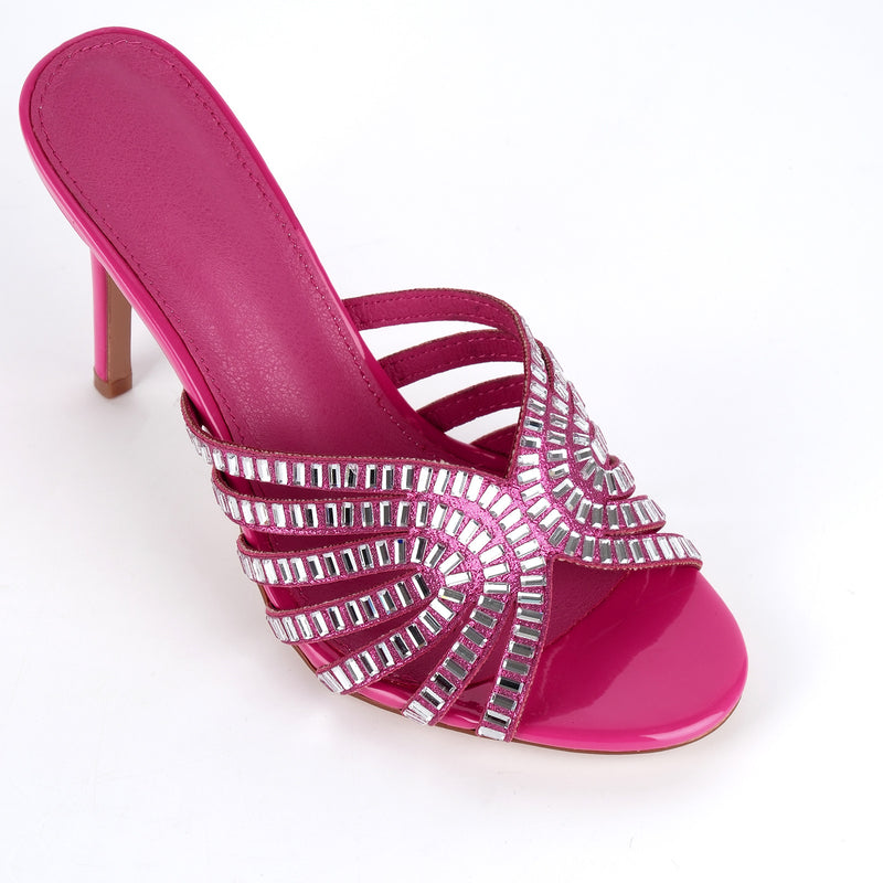 Round Toe Rhinestone Stiletto Mules