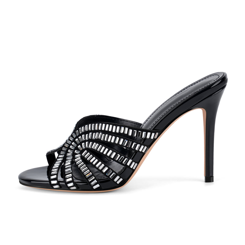 Round Toe Rhinestone Stiletto Mules