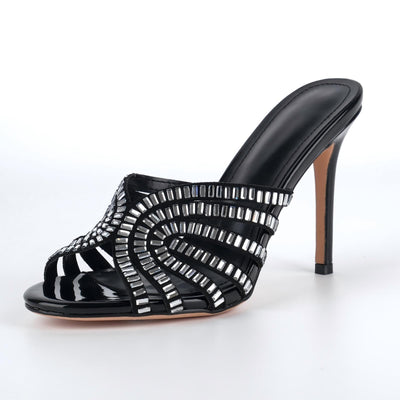 Round Toe Rhinestone Stiletto Mules