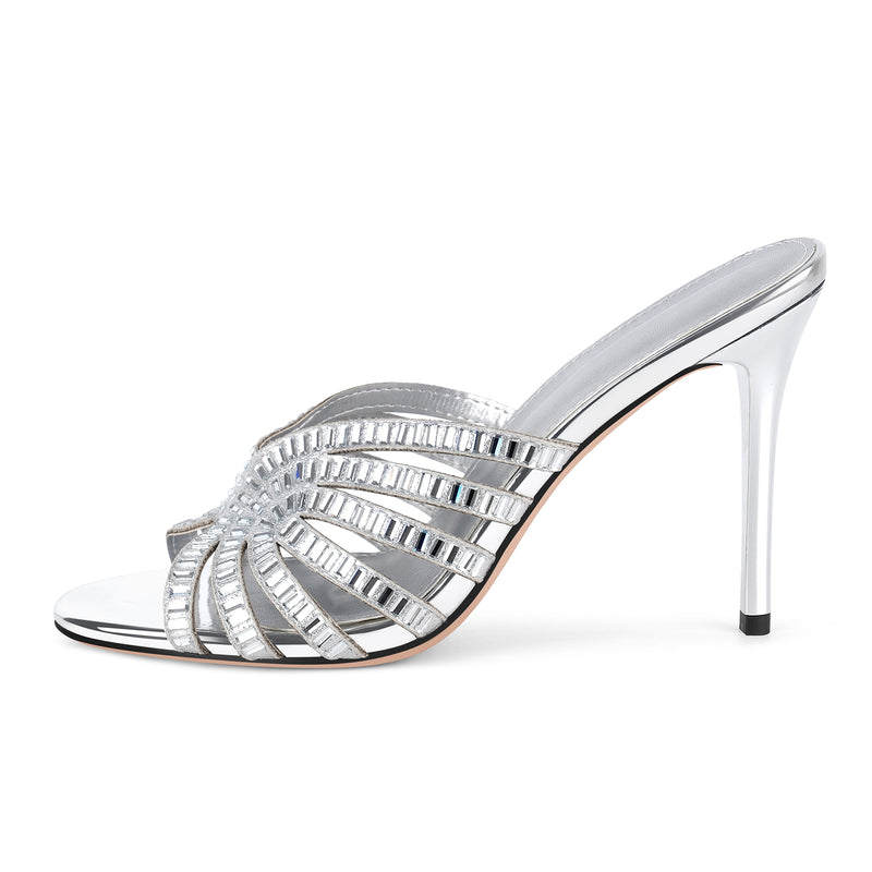 Round Toe Rhinestone Stiletto Mules