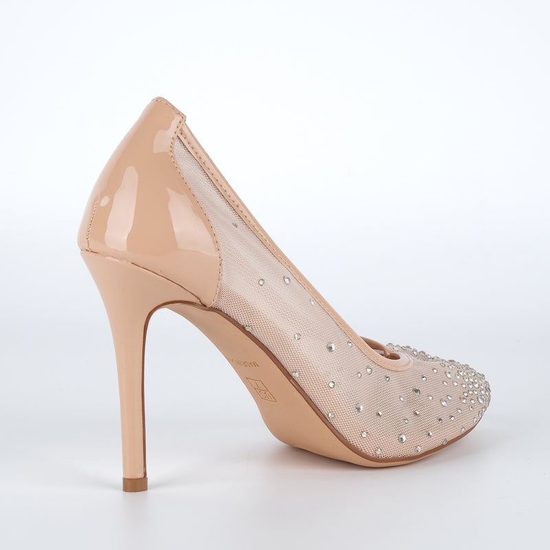 Round Toe Rhinestone Mesh Tabi Pumps