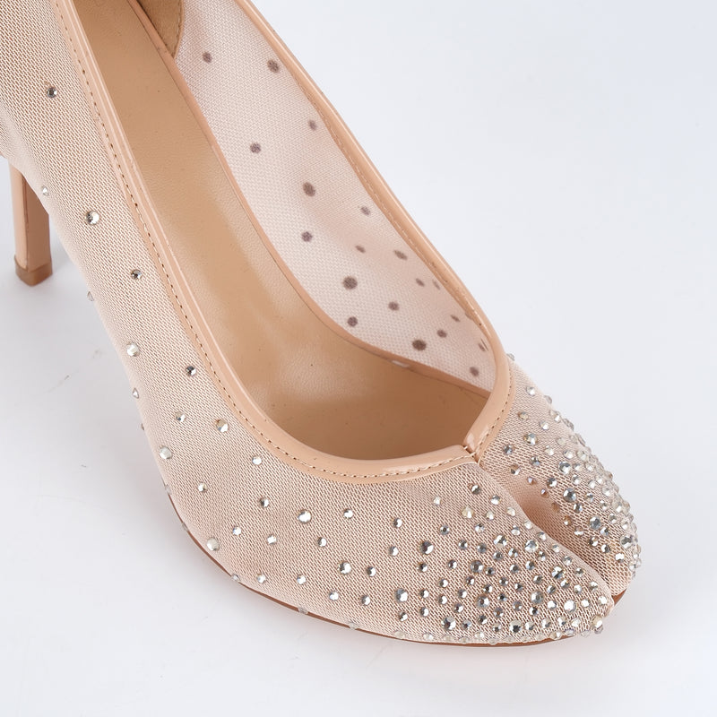 Round Toe Rhinestone Mesh Tabi Pumps