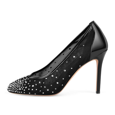 Round Toe Rhinestone Mesh Tabi Pumps