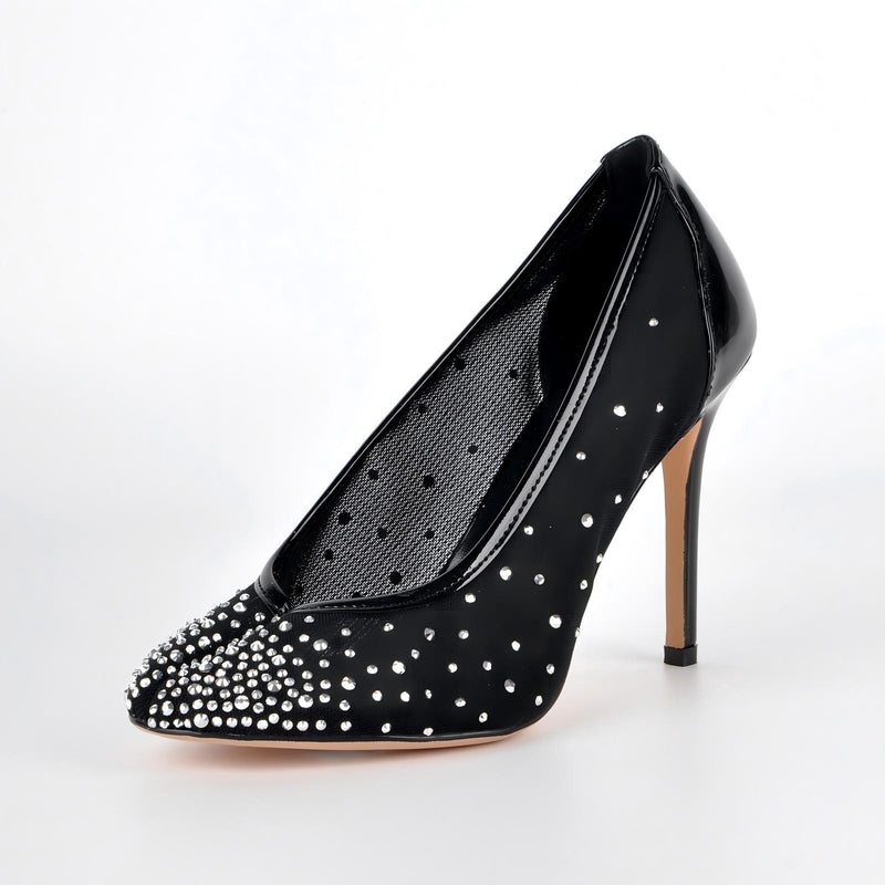 Round Toe Rhinestone Mesh Tabi Pumps