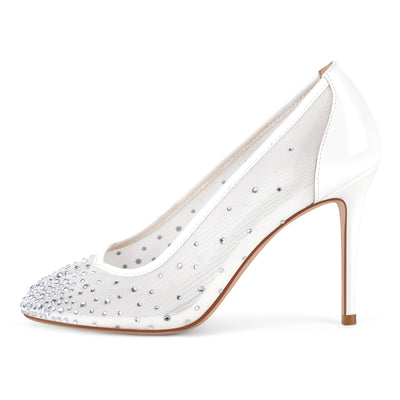 Round Toe Rhinestone Mesh Tabi Pumps