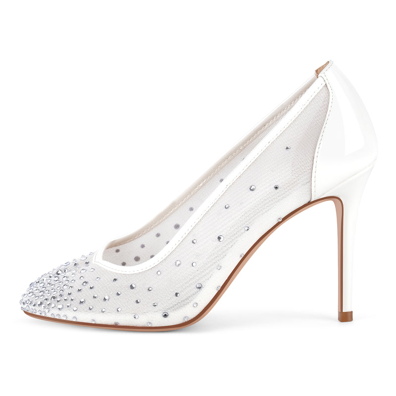 Round Toe Rhinestone Mesh Tabi Pumps