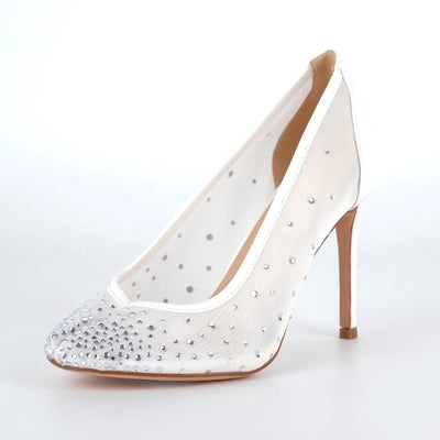 Round Toe Rhinestone Mesh Tabi Pumps