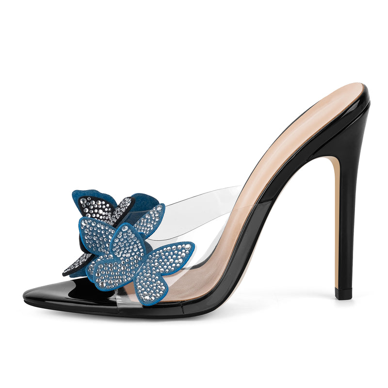 Pointed Toe Rhinestone Butterfly Clear Mules