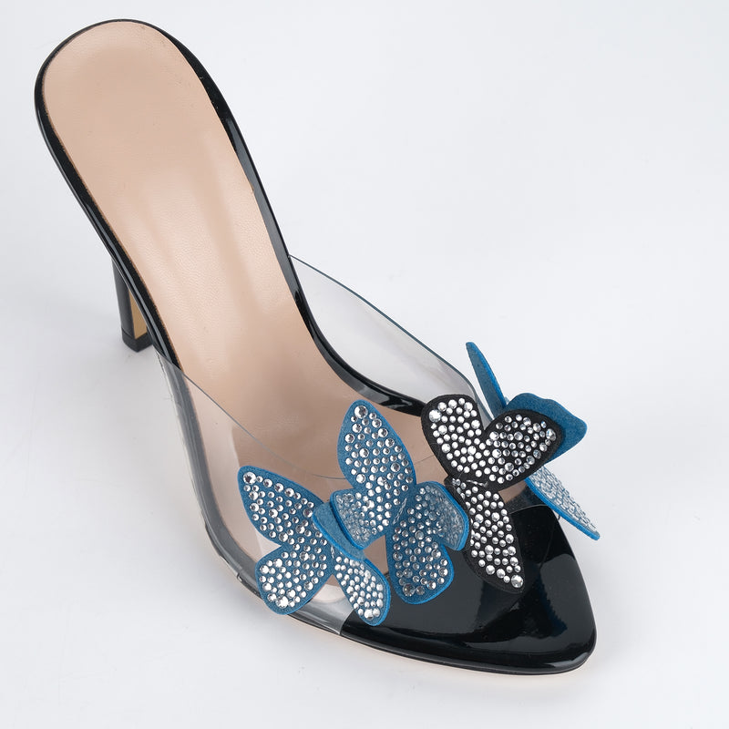 Pointed Toe Rhinestone Butterfly Clear Mules