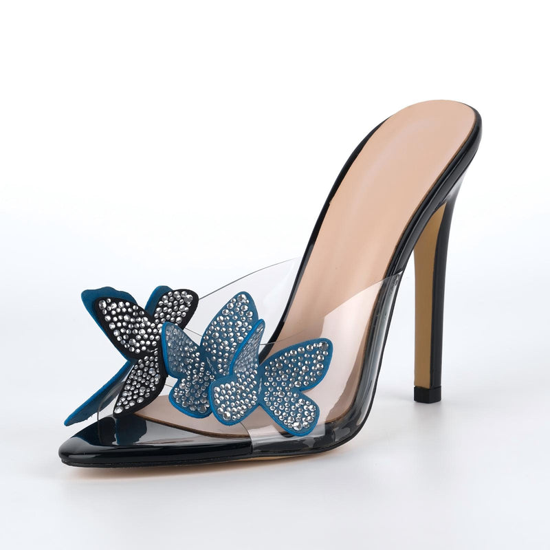 Pointed Toe Rhinestone Butterfly Clear Mules