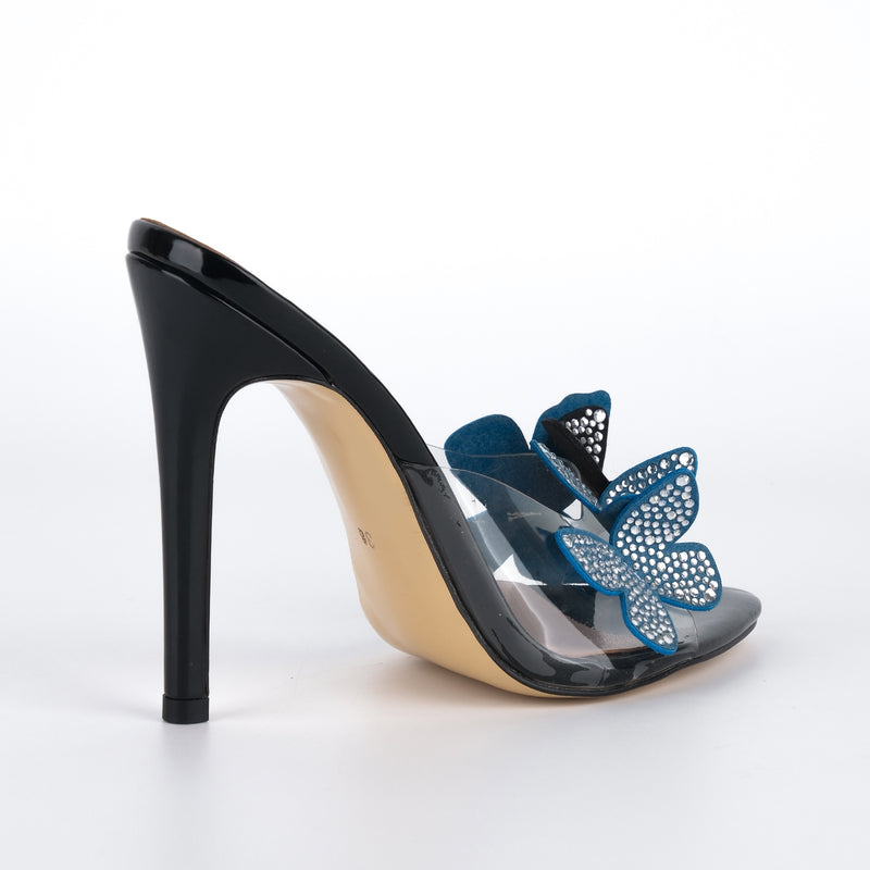 Pointed Toe Rhinestone Butterfly Clear Mules