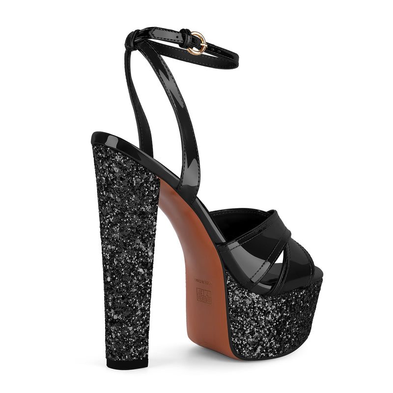 Glitter Platform Ankle Strap Chunky Heel Sandals