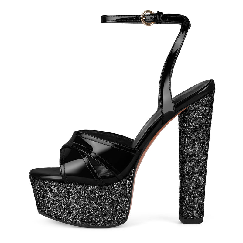 Glitter Platform Ankle Strap Chunky Heel Sandals