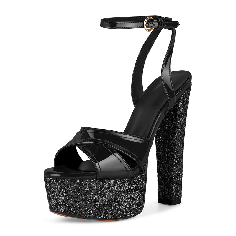 Glitter Platform Ankle Strap Chunky Heel Sandals