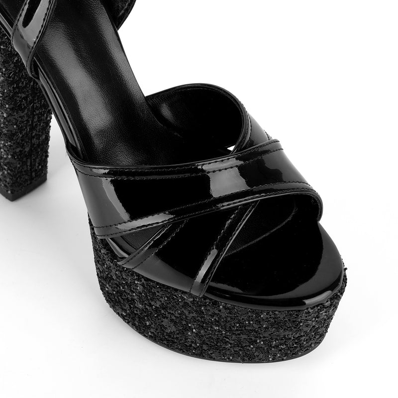 Glitter Platform Ankle Strap Chunky Heel Sandals