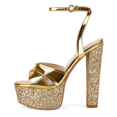 Glitter Platform Ankle Strap Chunky Heel Sandals
