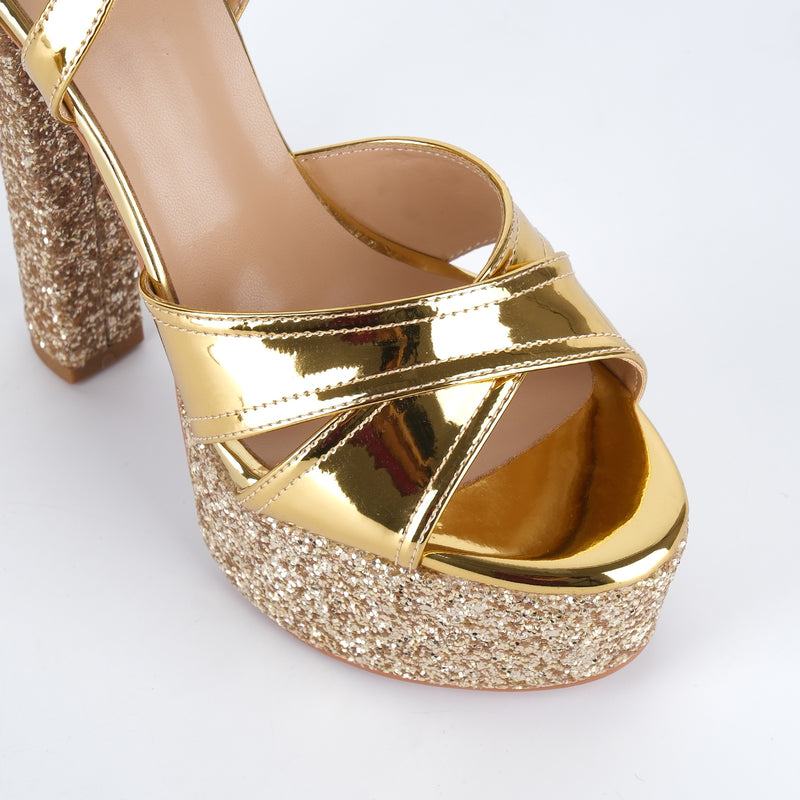 Glitter Platform Ankle Strap Chunky Heel Sandals